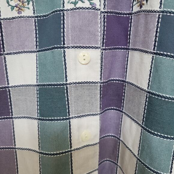 Alfred Dunner Button Up Shirt Womens 14 Floral Check Plaid Purple Embroidered - Picture 9 of 13